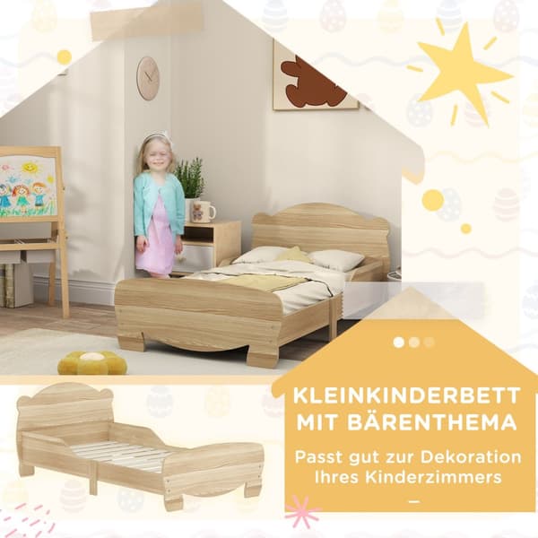 Barneseng 143,5 x 80 cm, husseng i heltre, ungdomsseng med fallsikring, lekeseng kan holde opptil 80 kg, enkeltseng med bjørnedesign til barnerom, nat