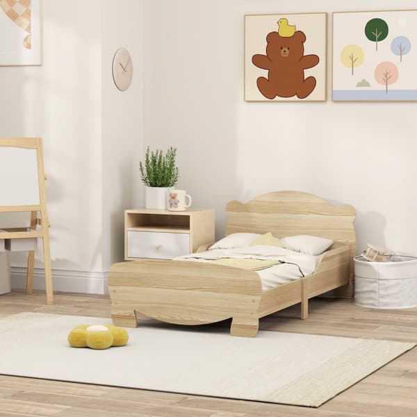 Barneseng 143,5 x 80 cm, husseng i heltre, ungdomsseng med fallsikring, lekeseng kan holde opptil 80 kg, enkeltseng med bjørnedesign til barnerom, nat