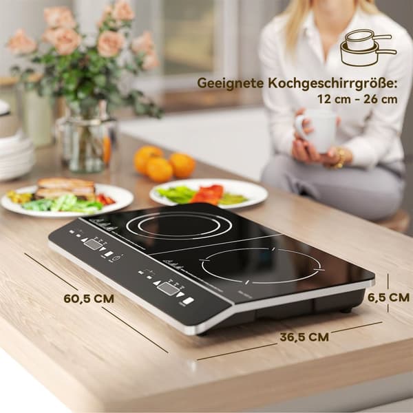Induktioliesi liesi 2 levyinen kannettava induktioliesi 8 tehotasolla ja 10 lämpötilatasolla, 3500 W, lapsilukko, ajastin, musta |