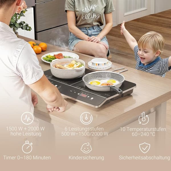 Induktioliesi liesi 2 levyinen kannettava induktioliesi 8 tehotasolla ja 10 lämpötilatasolla, 3500 W, lapsilukko, ajastin, musta |