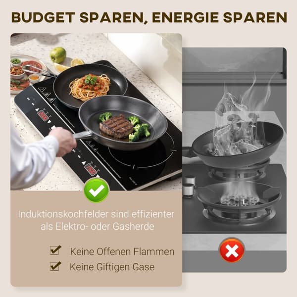 Induktioliesi liesi 2 levyinen kannettava induktioliesi 8 tehotasolla ja 10 lämpötilatasolla, 3500 W, lapsilukko, ajastin, musta |