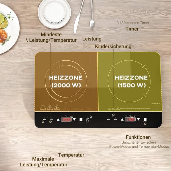 Induktioliesi liesi 2 levyinen kannettava induktioliesi 8 tehotasolla ja 10 lämpötilatasolla, 3500 W, lapsilukko, ajastin, musta |