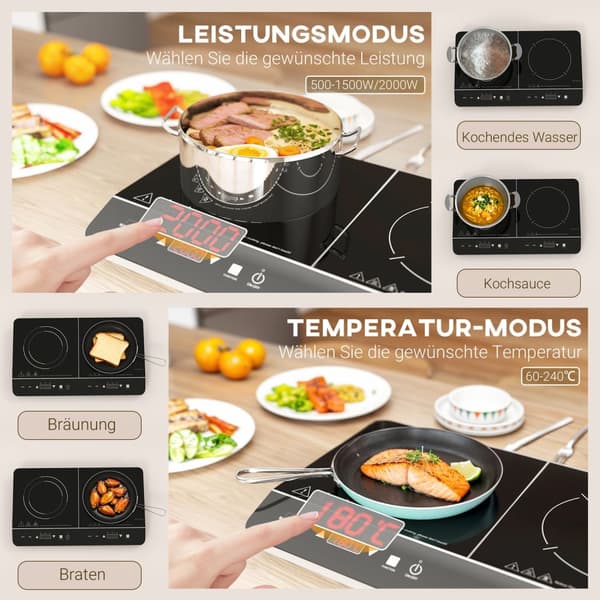 Induktioliesi liesi 2 levyinen kannettava induktioliesi 8 tehotasolla ja 10 lämpötilatasolla, 3500 W, lapsilukko, ajastin, musta |