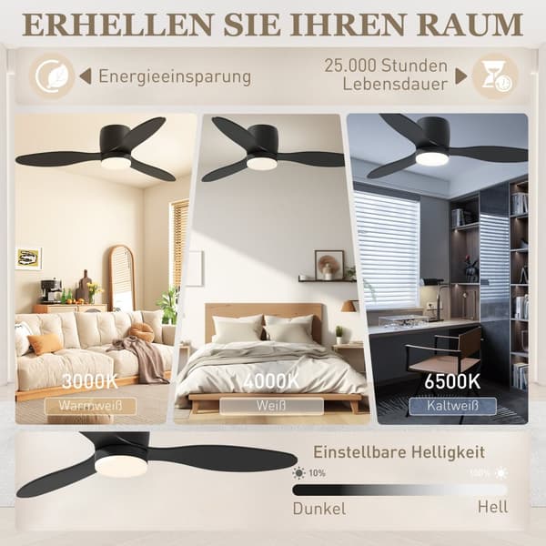 Loftsventilator med belysning og fjernbetjening 115 cm LED-lampe med ventilator, vendbar DC-motor, 3 blade, 3 lysfarver, 6 hastigheder, timer loftsven