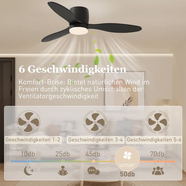 Loftsventilator med belysning og fjernbetjening 115 cm LED-lampe med ventilator, vendbar DC-motor, 3 blade, 3 lysfarver, 6 hastigheder, timer loftsven