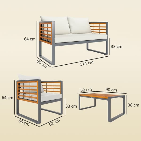 Hagemøbelsett i akasietre, sittegruppe for 4 personer, hagesalong med 2-seters sofa, 2 lenestoler, puter, sidebord i lamelldesign, utendørs balkongmøb
