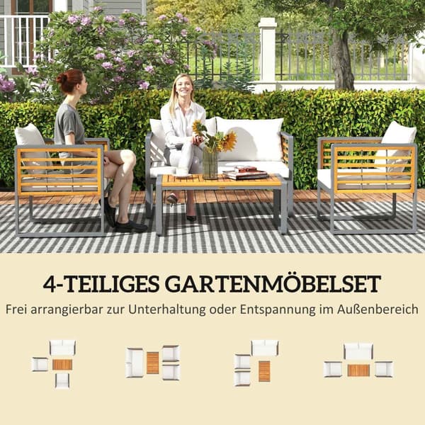 Hagemøbelsett i akasietre, sittegruppe for 4 personer, hagesalong med 2-seters sofa, 2 lenestoler, puter, sidebord i lamelldesign, utendørs balkongmøb