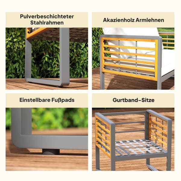 Hagemøbelsett i akasietre, sittegruppe for 4 personer, hagesalong med 2-seters sofa, 2 lenestoler, puter, sidebord i lamelldesign, utendørs balkongmøb