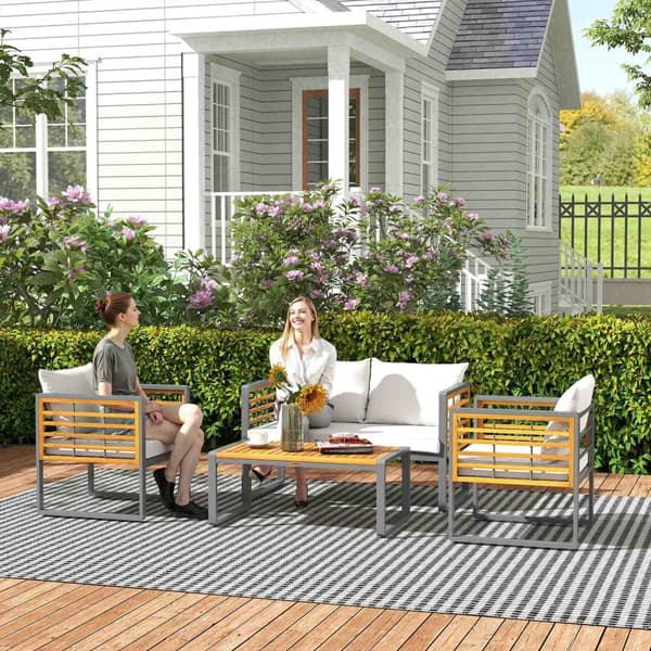 Hagemøbelsett i akasietre, sittegruppe for 4 personer, hagesalong med 2-seters sofa, 2 lenestoler, puter, sidebord i lamelldesign, utendørs balkongmøb