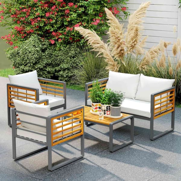 Hagemøbelsett i akasietre, sittegruppe for 4 personer, hagesalong med 2-seters sofa, 2 lenestoler, puter, sidebord i lamelldesign, utendørs balkongmøb