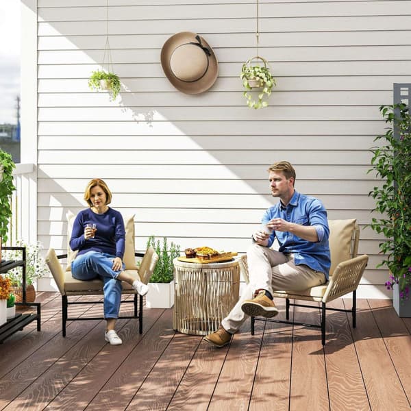 Hagemøbelsett i polyrattan, utesalong balkongmøbler for 2 personer, 3-delt sittegruppe med 2 stoler, sittepute ved sidebord, værbestandig hagesalong f