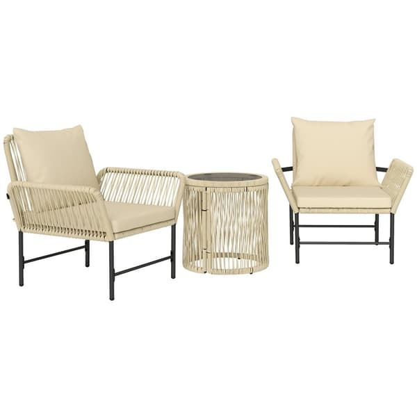 Hagemøbelsett i polyrattan, utesalong balkongmøbler for 2 personer, 3-delt sittegruppe med 2 stoler, sittepute ved sidebord, værbestandig hagesalong f
