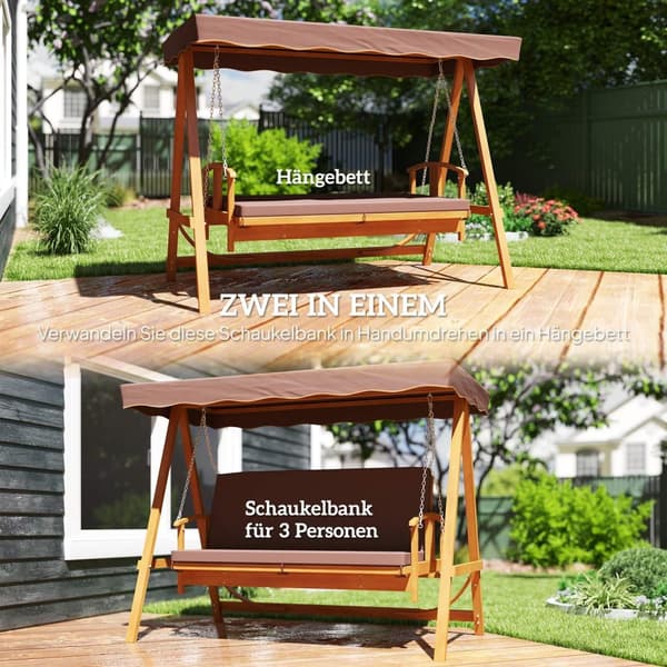 2-i-1 Hollywood-huske med liggefunksjon, 3-seters hagehuske laget av tre, trehuske med setepute for solseil, huskebenk opptil 330 kg, for hage, terras