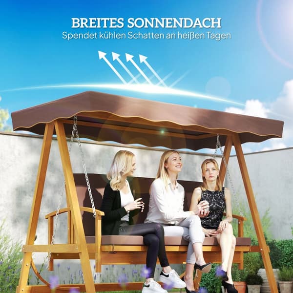 2-i-1 Hollywood-huske med liggefunksjon, 3-seters hagehuske laget av tre, trehuske med setepute for solseil, huskebenk opptil 330 kg, for hage, terras