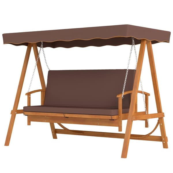 2-i-1 Hollywood-huske med liggefunksjon, 3-seters hagehuske laget av tre, trehuske med setepute for solseil, huskebenk opptil 330 kg, for hage, terras