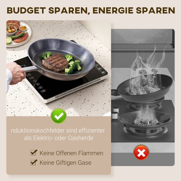 Induktionshäll 1 platta, bärbar induktionshäll med 10 effektnivåer och temperaturnivåer, 2000 W, timer, barnsäkerhetsspärr, svart