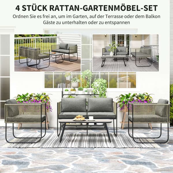 Hagemøbelsett laget av polyrattan salongsett med sofa lenestol bordputer værbestandig sittegruppe for 4 personer balkongmøbelsett hage salong terrasse