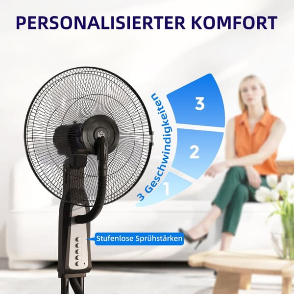Vesijäähdytyspuhallin, jalustapuhallin säädettävällä suihkusumulla, 3 nopeutta, 3 L vesisäiliö, 75° värähtelevä, 90 W vesituuletin pyörillä, 125 cm |