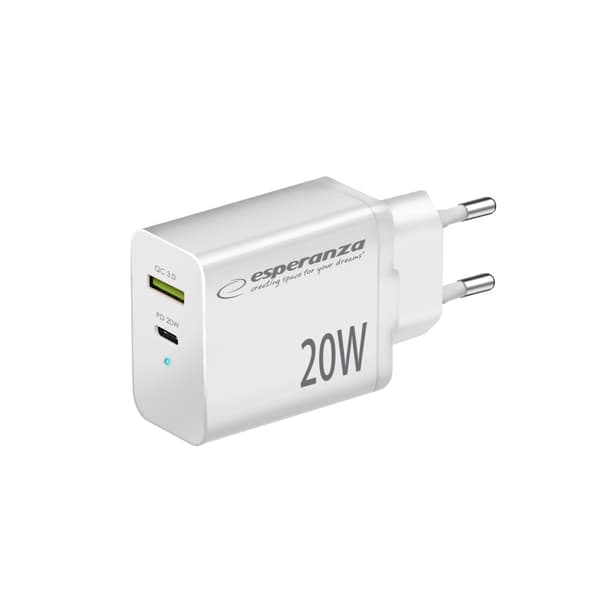 Esperanza Quick Power Laturi 20W Usb-C Pd 20W / Usb-A Qc 3.0 18W valkoinen