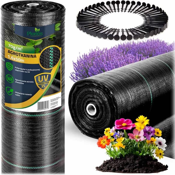 Hageagrotekstil 1,6 m x 50 m 70 g/m2 + 50 Plonos-stifter - svart