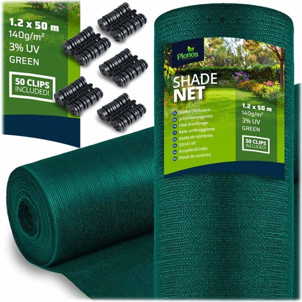 Skuggnät 1,2x50m 140g/m2 + 50 klämmor grön