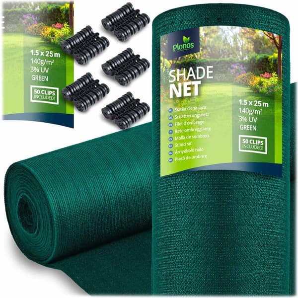 Skærmnet 1,5x25m 140g/m2 + 50 klemmer grøn