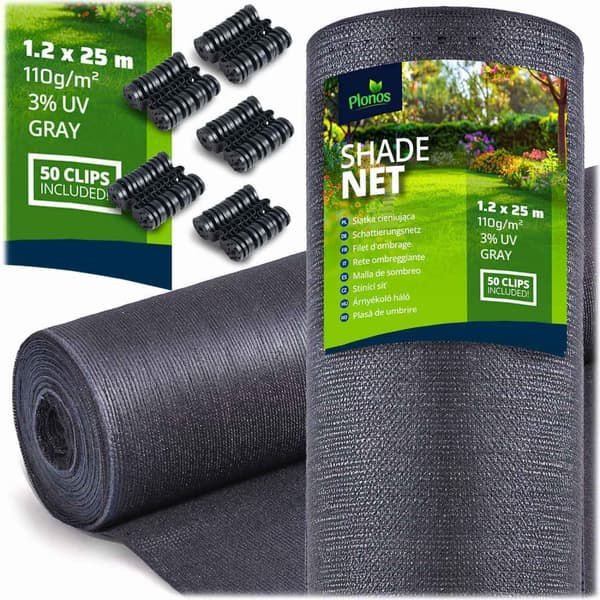 Skyggenett 1,2x25m 110g/m2 + 50 klemmer grå