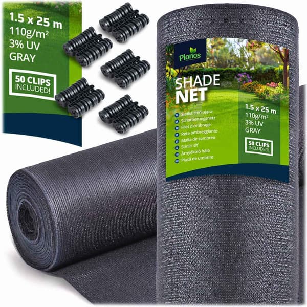 Skyggenett 1,5x25m 110g/m2 + 50 klemmer grå