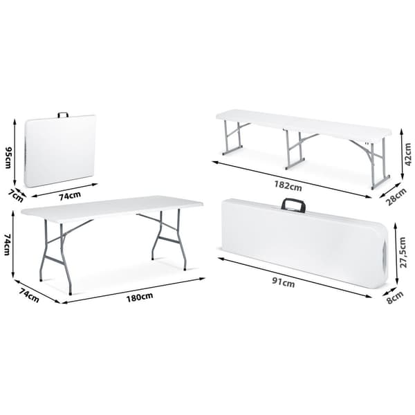 Catering sett hage klappbord + 2 benker 180 cm Plonos hvit