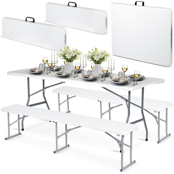 Catering sett hage klappbord + 2 benker 180 cm Plonos hvit