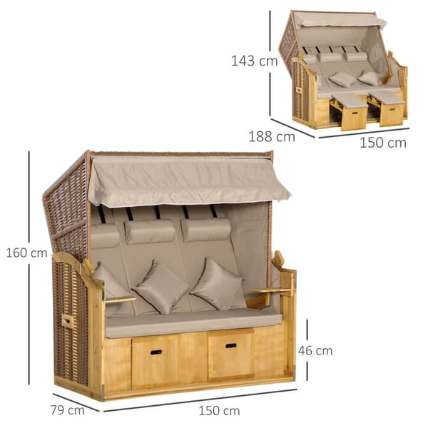 Strandstol 3-seters solseng med tak og 2 sammenleggbare bord, fotstøtte, XXL polyrattan natur, 150x79x160cm for hage og terrasse |.de
