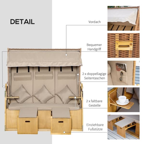 Strandstol 3-seters solseng med tak og 2 sammenleggbare bord, fotstøtte, XXL polyrattan natur, 150x79x160cm for hage og terrasse |.de