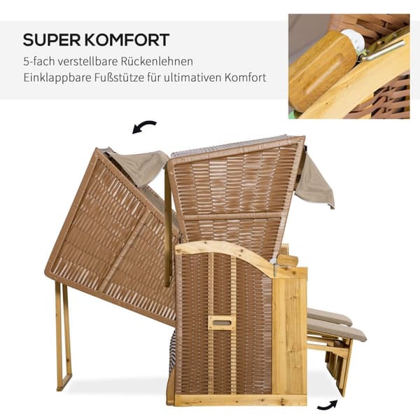 Strandstol 3-seters solseng med tak og 2 sammenleggbare bord, fotstøtte, XXL polyrattan natur, 150x79x160cm for hage og terrasse |.de