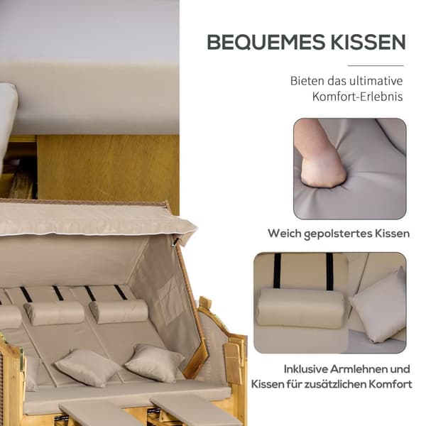 Strandstol 3-seters solseng med tak og 2 sammenleggbare bord, fotstøtte, XXL polyrattan natur, 150x79x160cm for hage og terrasse |.de
