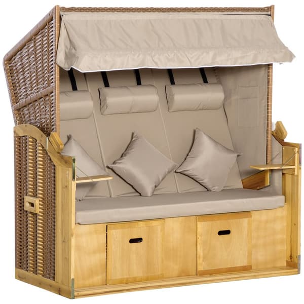 Strandstol 3-seters solseng med tak og 2 sammenleggbare bord, fotstøtte, XXL polyrattan natur, 150x79x160cm for hage og terrasse |.de