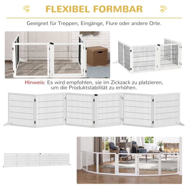 Hundespærre, justerbar sikkerhedslåge med fødder, 432 x 70 cm hundelåge i træ, foldbar trappelåge, hundespærre til trapper, døre, entre, 6 paneler, hv