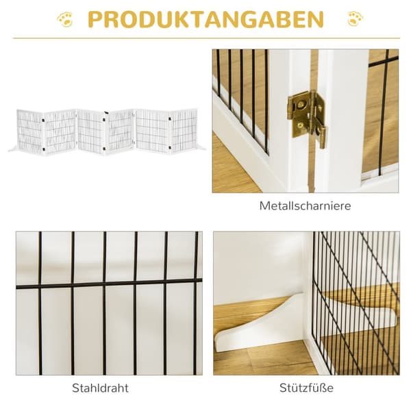 Hundespærre, justerbar sikkerhedslåge med fødder, 432 x 70 cm hundelåge i træ, foldbar trappelåge, hundespærre til trapper, døre, entre, 6 paneler, hv