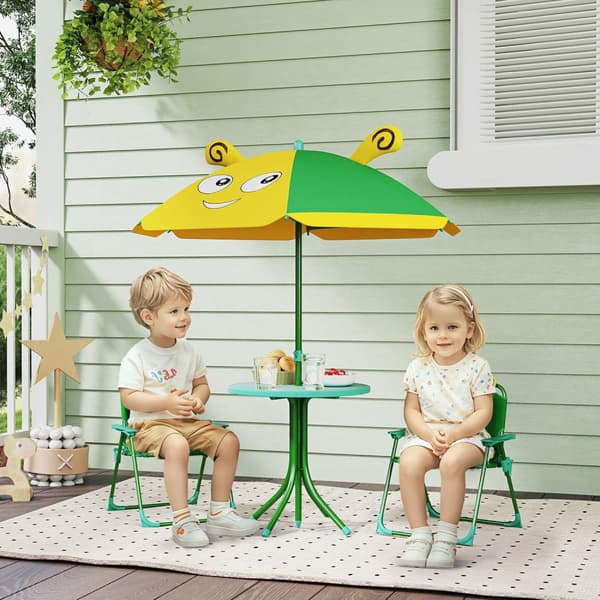 Set med 4 trädgårdssittset för barn med 2 hopfällbara stolar, höj- och sänkbart parasoll, trädgårdsbord, bimönster för barn 2-5 år, grön |