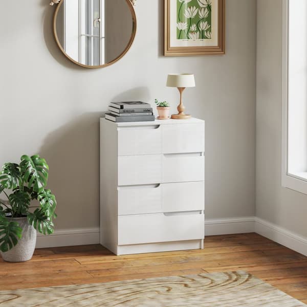 Kommode sideskap med 4 skuffer, kommode til stue, soverom, høyglans hvit 60 x 40 x 85cm |