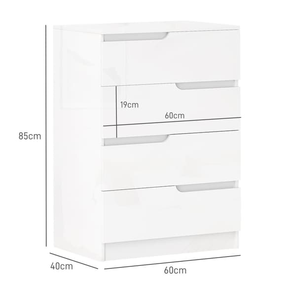 Kommode sideskap med 4 skuffer, kommode til stue, soverom, høyglans hvit 60 x 40 x 85cm |