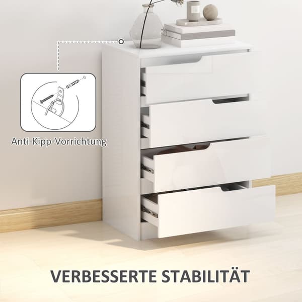 Kommode sideskap med 4 skuffer, kommode til stue, soverom, høyglans hvit 60 x 40 x 85cm |