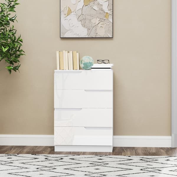 Kommode sideskap med 4 skuffer, kommode til stue, soverom, høyglans hvit 60 x 40 x 85cm |