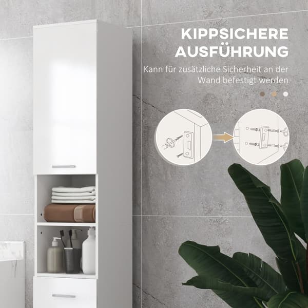 Kapea kylpyhuonekaappi, korkea wc-kaappi korkeakiiltovalkoisella laatikolla, säädettävä hylly ja 2 avointa lokeroa, pieniin huoneisiin kylpyhuone 30 x