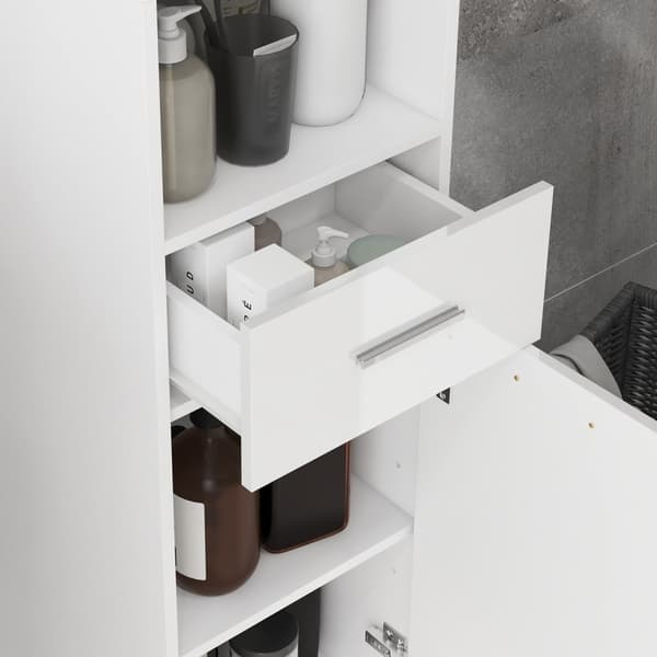 Kapea kylpyhuonekaappi, korkea wc-kaappi korkeakiiltovalkoisella laatikolla, säädettävä hylly ja 2 avointa lokeroa, pieniin huoneisiin kylpyhuone 30 x