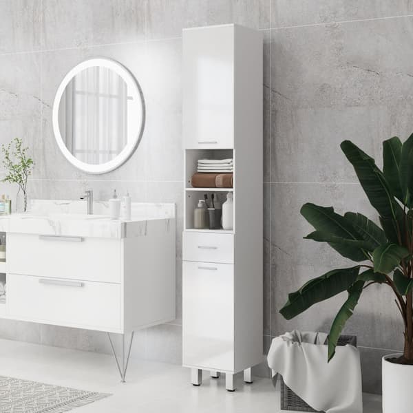 Kapea kylpyhuonekaappi, korkea wc-kaappi korkeakiiltovalkoisella laatikolla, säädettävä hylly ja 2 avointa lokeroa, pieniin huoneisiin kylpyhuone 30 x