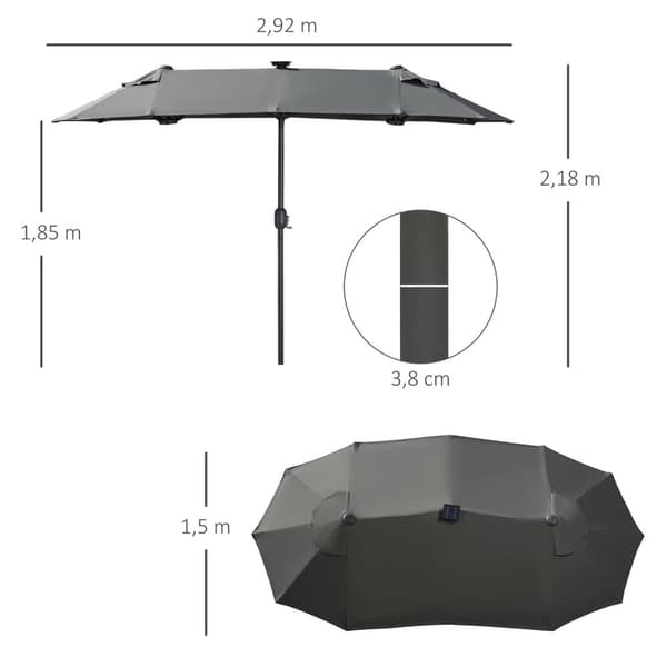 Tupla-aurinkovarjo, 295 x 219cm, aurinkovarjo LED-valolla, soikea, puutarhavarjo, tuulenpitävä, vakaa, markkinavarjo säädettävällä kallistuskulmalla t