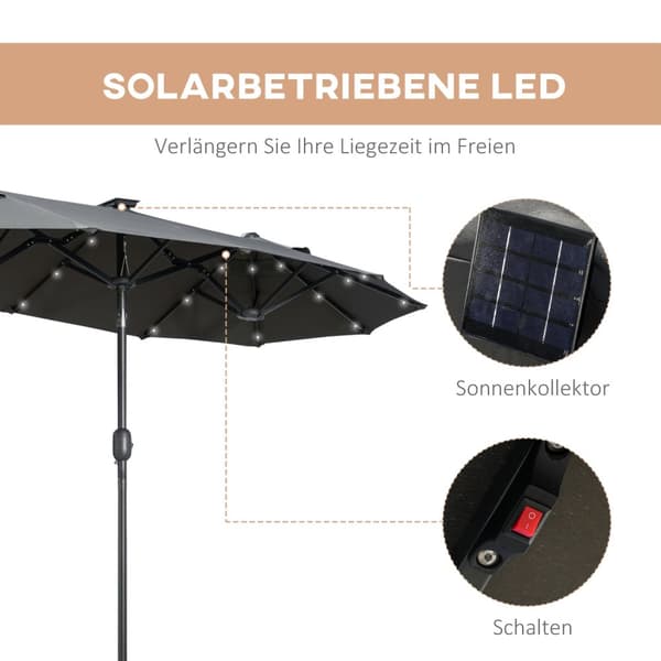 Tupla-aurinkovarjo, 295 x 219cm, aurinkovarjo LED-valolla, soikea, puutarhavarjo, tuulenpitävä, vakaa, markkinavarjo säädettävällä kallistuskulmalla t