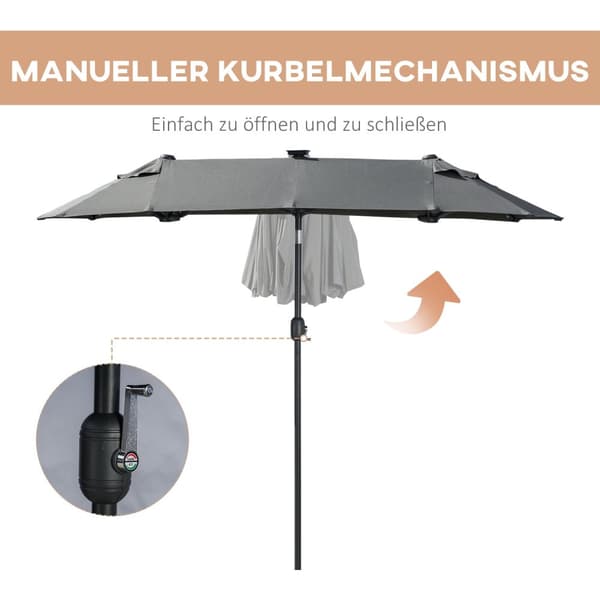 Tupla-aurinkovarjo, 295 x 219cm, aurinkovarjo LED-valolla, soikea, puutarhavarjo, tuulenpitävä, vakaa, markkinavarjo säädettävällä kallistuskulmalla t