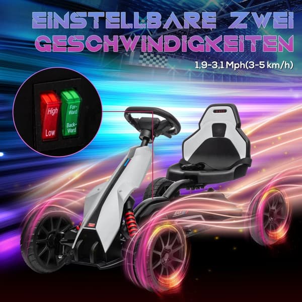 El-gokart til børn 12 V 3-5 km/t driftkart med 2-vejs justerbar tilstand, sikkerhedssele, rat, gokart børnebil til 3-8 årige børn, hvid |