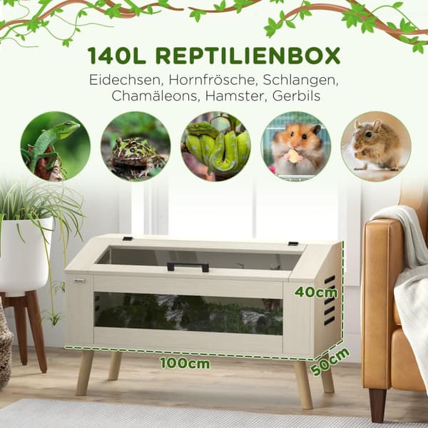 Terrarium til krybdyr, 140L krybdyrfoderkasse med hærdet glasvinduer, låg, ben, krybdyravlsboks til padder, edderkop, eg, 100 x 50 x 60 cm |